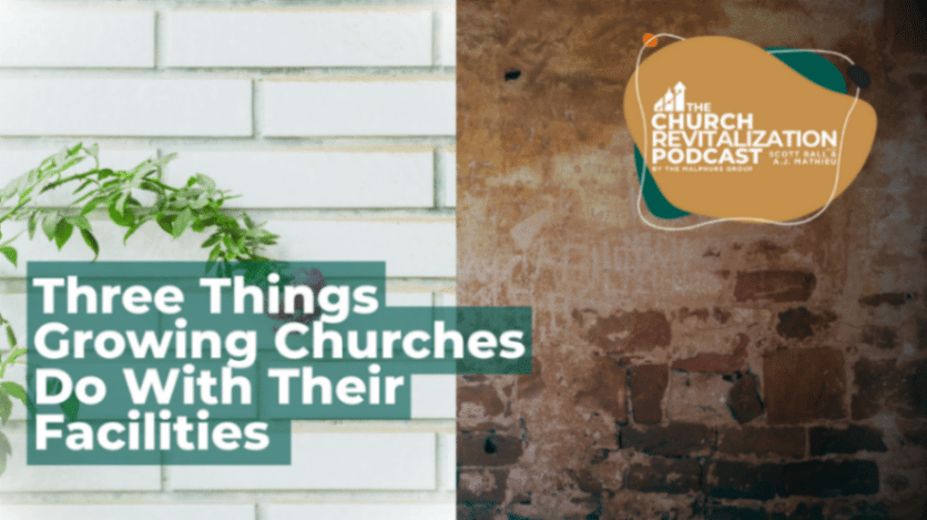 Podcast episode cover about church facilities with green plant and textured walls.