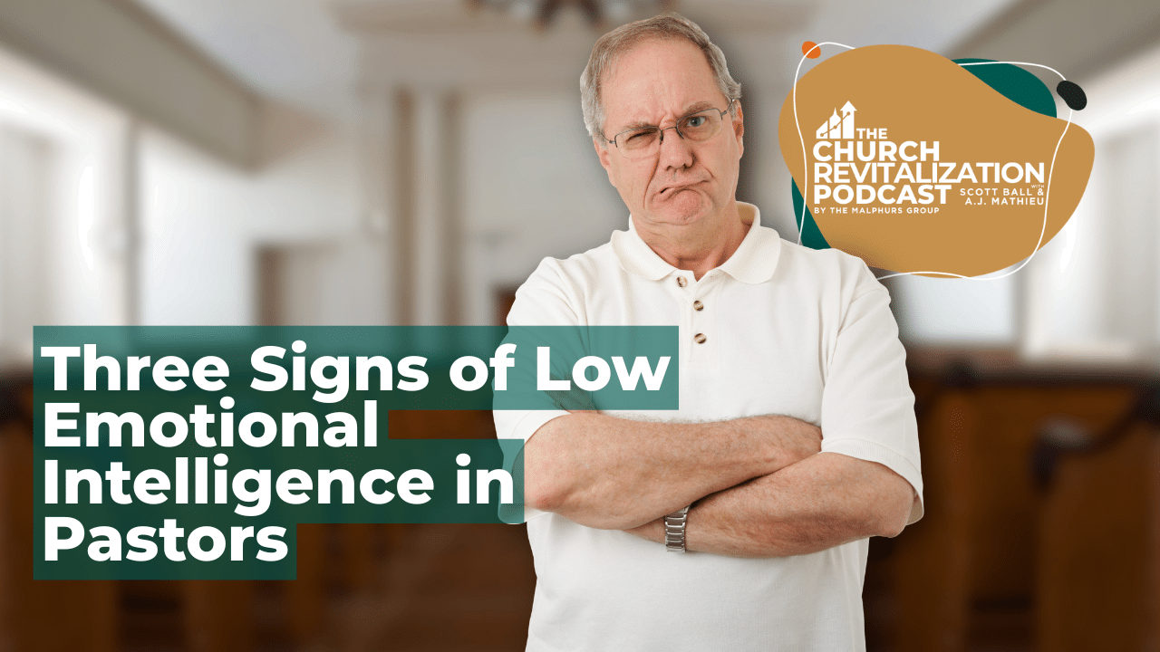 Podcast episode cover about emotional intelligence signs in pastors with a thoughtful man in a church setting.