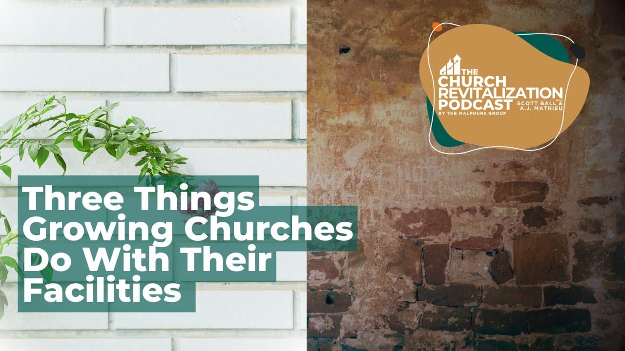Podcast episode cover about church facilities with green plant and textured walls.