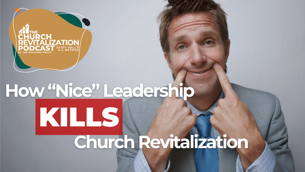 A man in a suit smiling while poking his cheeks, with text about church revitalization podcast episode.